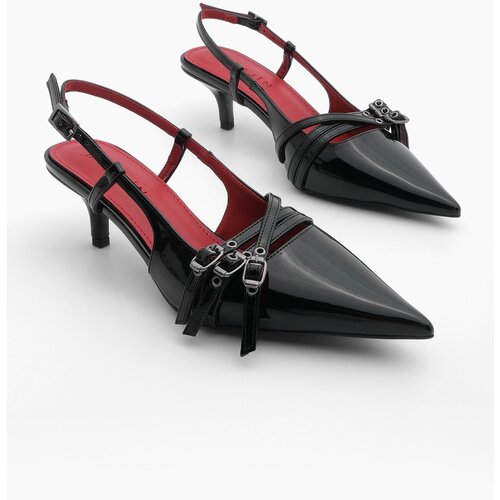 Marjin Women's Stiletto Pointed Toe Scarf Thin Heel Three-Stripes Heeled Shoes Lefar Black Patent Leather Cene