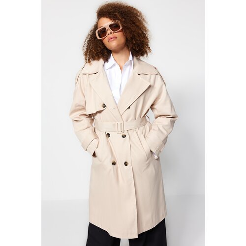 Trendyol Curve Beige Waist Belted Gabardine Trench Coat Cene