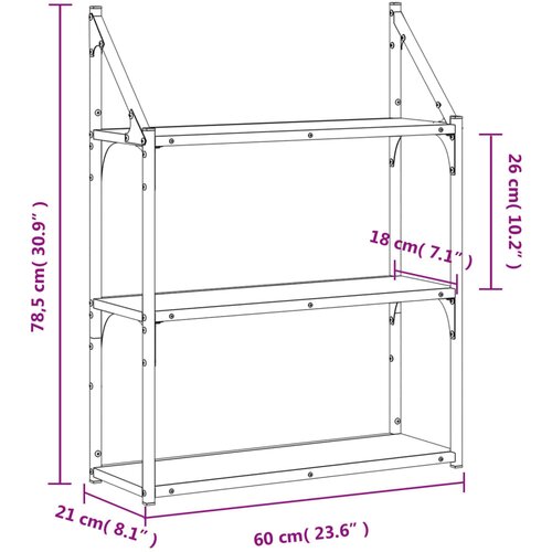  Zidna polica s 3 razine dimljenog hrasta 60x21x78,5 cm drvena Slike