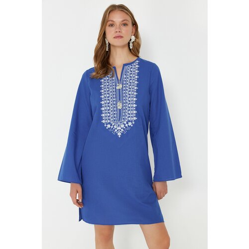 Trendyol blue mini woven embroidered 100% cotton beach dress Cene
