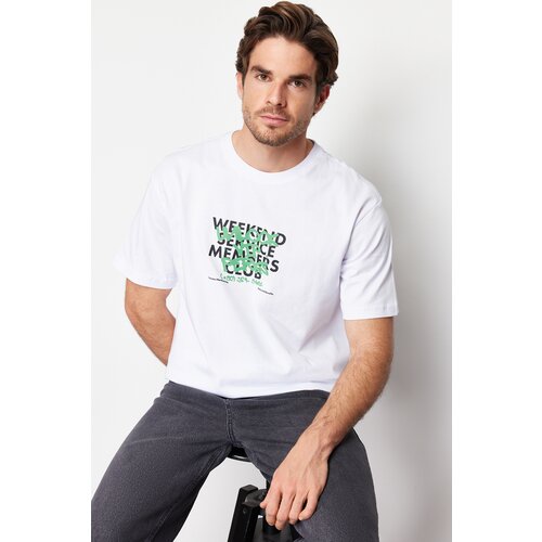 Trendyol men's white relaxed 100% cotton printed t-shirt Slike