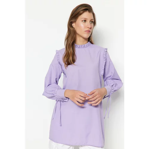 Trendyol Lilac Woven Cotton Tunic with Ruffle Shoulder and Cuff