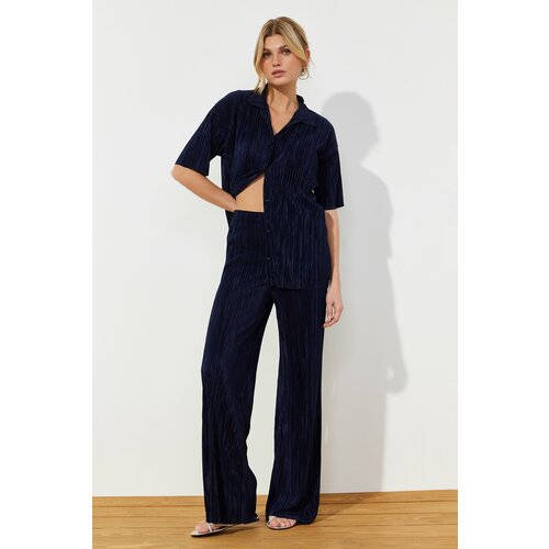 Trendyol Navy Blue Pleat Relaxed Shirt and Trousers Knitted Bottom Top Set Slike
