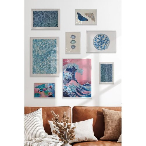 Wallxpert set od 8 uramljenih slika Çgs-058, plavi motivi – veliki talas u roze tonovima, cvetne šare, leptiri i porcelanski tanjir, beli ram Cene