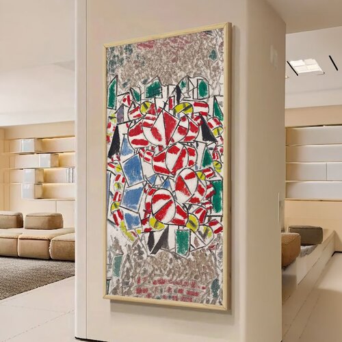 Wallxpert uramljena MDF slika ARTSNTMDL19, apstraktna kompozicija sa crveno-belim oblicima, 50 x 120 cm Slike