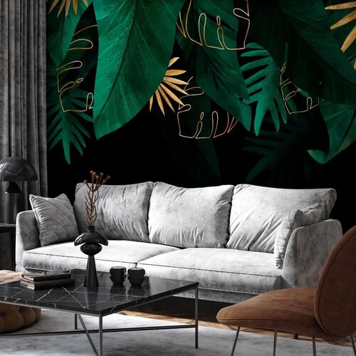  Foto tapeta - Jungle and composition - motif of green and golden leaves on a black background 400x280 Cene