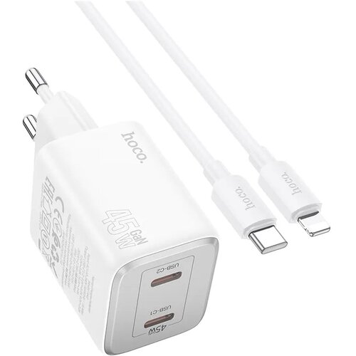 hoco. stenski polnilec 2 x tip C + kabel tip C na Lightning PD QC 45W GaN N42 bel Cene