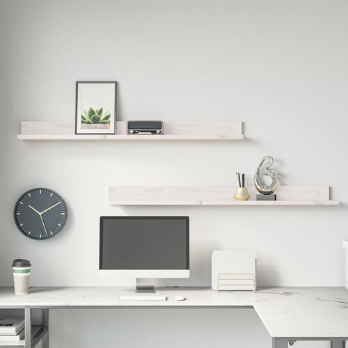 VidaXL Zidne police 2 kom bijele 110x11x9 cm od masivne borovine Slike