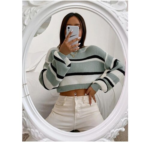 Dewberry 49425 Striped Knit Crop Women Sweater-LIGHT GREEN Slike