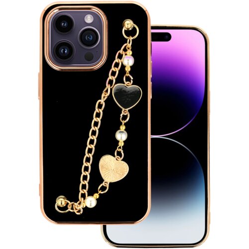Trendy silikonski ovitek z zapestnico za iPhone 14 Pro Max - črn s srčki Cene
