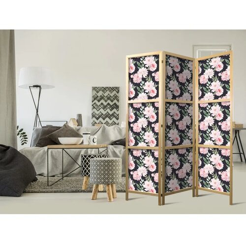  Japanski paravan - Peonies - Pink Flowers and Green Leaves on a Graphite Background 135x172 Cene