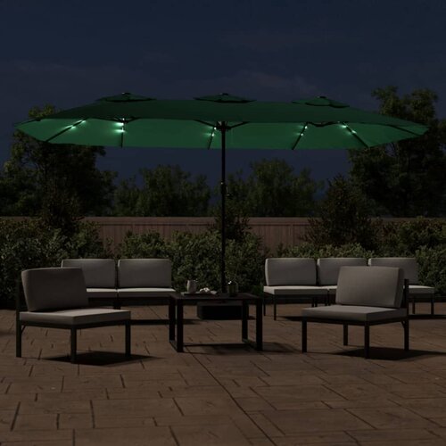  Dvostruki vrtni suncobran s LED svjetlima zeleni 449 x 265 cm Slike