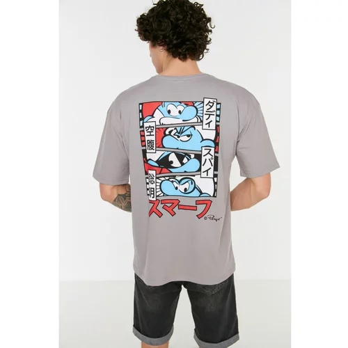 Trendyol Gray Men's Relaxed Fit Crew Neck Short Sleeve Smurfs Licensed Printed T-Shirt