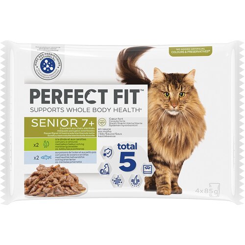 PerfectFIT Mje&amp;scaron;ovito pakiranje Sterilised Senior 7+ - Puretina s mrkvom &amp;amp; bijela riba s gra&amp;scaron;kom (52 x 85 g) Slike