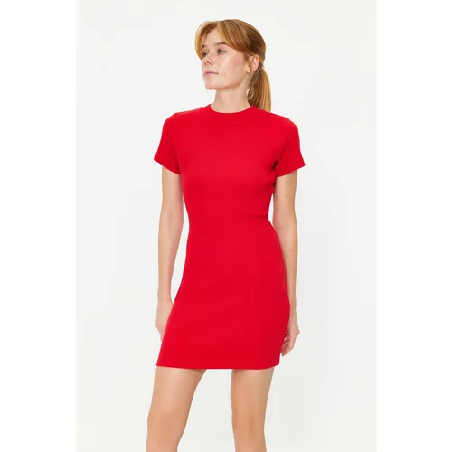 Trendyol Red Fitted Short Sleeve Crew Neck Mini Ribbed Stretchy Knitted Dress