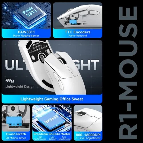 Attack Shark bežični gaming mi&amp;scaron; R1 PAW3311/TriMode/Superlight/Ergonomic/White Slike