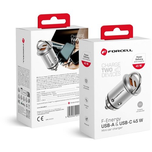 forcell auto punjač mini  f-energy usb-c PD45W + usb-a QC3.0 srebrni Cene