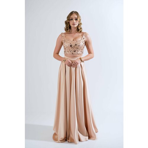 Carmen Gold Stone Bustier Skirt Satin Suit Evening Dress Slike