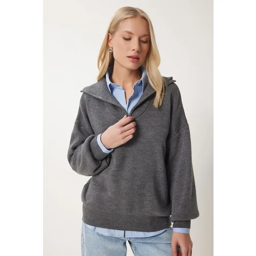 Happiness İstanbul Women's Anthracite Zippered Collar Basic Knitwear Sweater