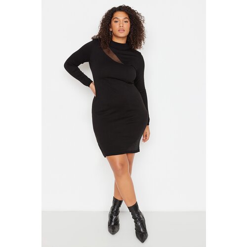 Trendyol Curve Black Standing Collar Transparent Detailed Bodycon Knitwear Dress Slike