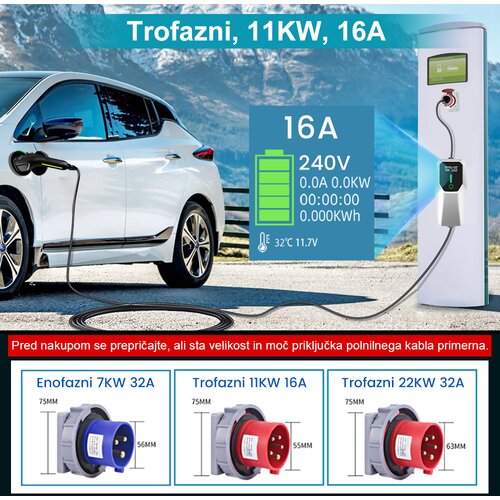 JUNSUN Tip 2 EV Polnilni Kabel za Električna Vozila &amp;ndash; 3-Fazni 11KW, Nastavljiv Tok, Prenosni Polnilec 5M s Schuko Vtičnico in Torbico (6/8/10/13/16A), (21989615) Slike