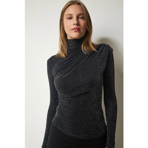  Women's Black Gathered High Neck Sparkly Knitted Blouse