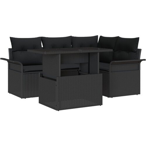 VidaXL 5-delni vrtni sofa set z blazinami Črn Poli ratan, 2-sedežna vrtna sofa s shrambo in blazinami Črn Poli ratan Slike
