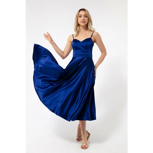 Lafaba Women's Navy Blue Thin Straps Midi Satin Evening Dress.