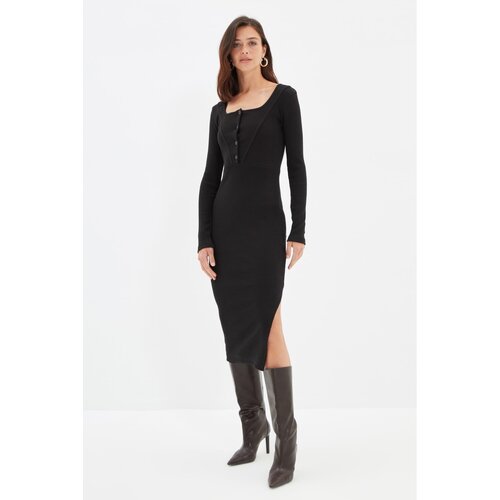 Trendyol Black Square Neck Slit Knitted Dress Slike