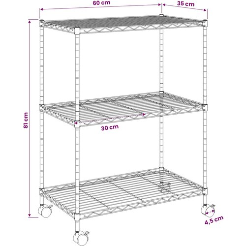  Stalak za pohranu s 3 razine i kotačima 60x35x81 cm crni 150 kg Slike