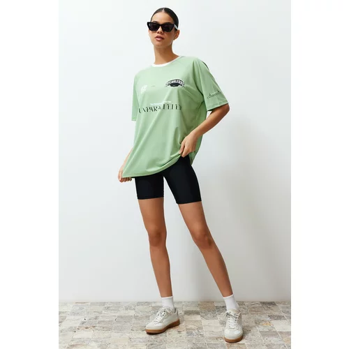 Trendyol Green Oversize Motto Printed Crew Neck Short Sleeve Knitted T-Shirt