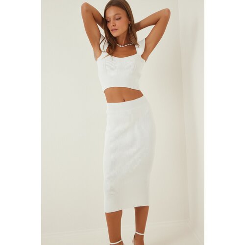 Happiness İstanbul Women's White Knitwear Crop Skirt Set Slike
