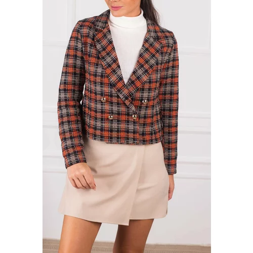 armonika Women's Orange Double Breasted Collar Tweed Crop Jacket