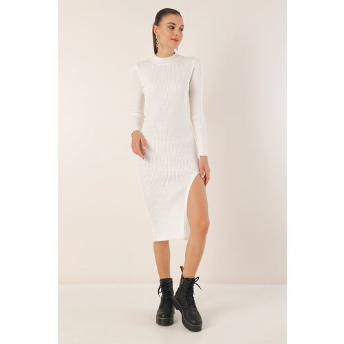 Bigdart 15828 Slit Knitwear Dress - White Cene