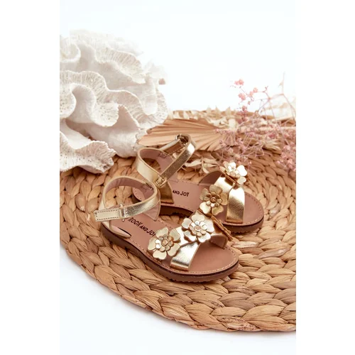 FR1 Children's sandals adorned with flowers, fastened with velcro, golden Fagossa