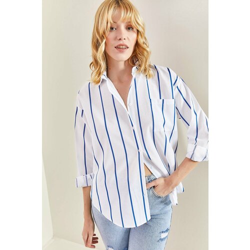 Bianco Lucci Women's Single Pocket Striped Oversize Shirt Cene