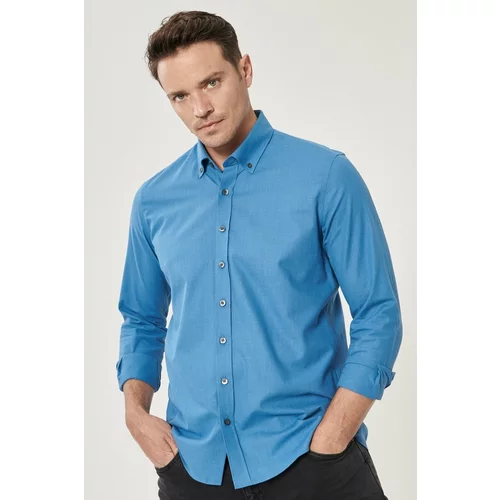AC&Co / Altınyıldız Classics Men's Petrol Tailored Slim Fit Oxford Buttoned Collar Linen-Looking 100% Cotton Flared Shirt.