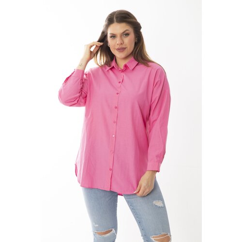 Şans Women's Plus Size Pink Front Buttoned Long Sleeve Shirt Slike