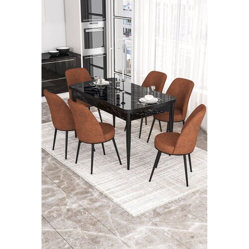 Hanah home trpezarijski set Via, sto na razvlačenje i 6 stolica, ploča u dekoru crnog mermera, terakota tkanina Jerry Cene