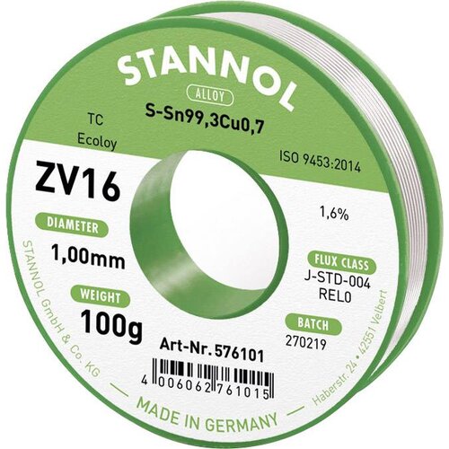Stannol mehka spajkalna žica ZV16 v zlitini TC Sn99Cu1 z 1\,6% pretoka 1\,0 mm v premeru na 100 g tuljave ZV16 spajkalna žica\, neosvinčena neosvinčeni Sn99\,3Cu0\,7 REL0 100 g 1 mm, (20428436) Cene