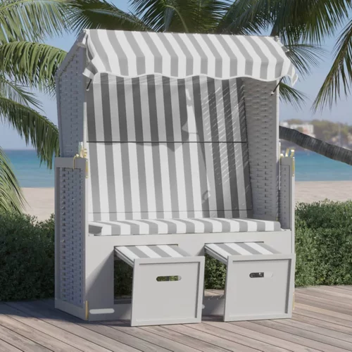 vidaXL stol za na plažo s streho poli ratan in trden les siv in bel