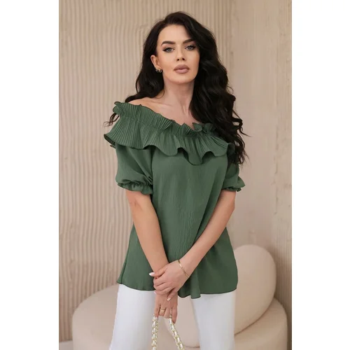 Kesi Spanish blouse with decorative khaki ruffle