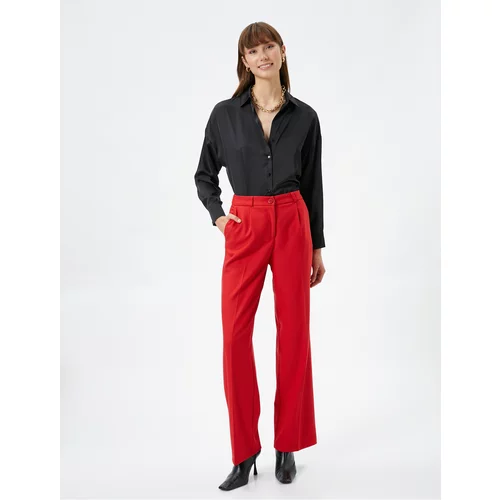 Koton Wide Leg Trousers With Fabric Buttons, Normal Waist Pockets.