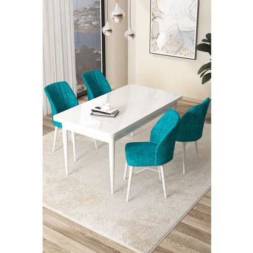 Hanah home Arp - White, Turquoise WhiteTurquoise Dining Table & Chairs Set (5 Pieces) Cene
