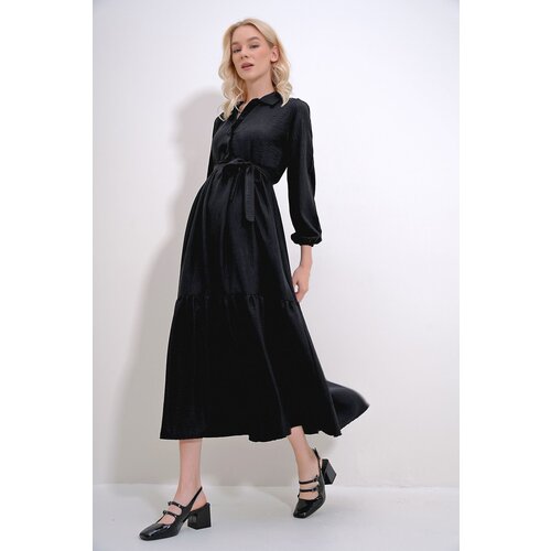 Trend Alaçatı Stili Women's Black Buttoned Front Skirt Flounced Flamed Linen Maxiboy Dress Cene