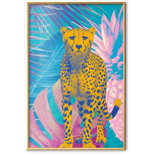  Plakat - Exotic Leopard - colorful portrait of a cheetah against tropical leaves 21x30 Zlatni okvir Slike