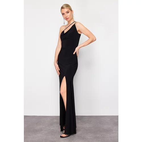 Trendyol Black Strap Detailed Knitted Long Elegant Evening Dress