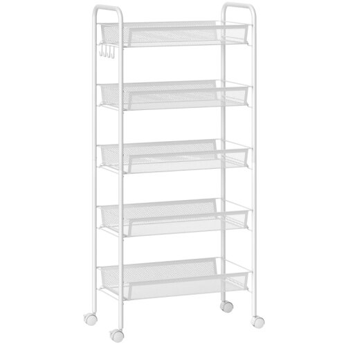 Nesta Kuhinjski voziček s 5 žičnatimi ko&scaron;arami, 4 kljukami, 4 kolesi, jeklo/plastika, bel, 45x26,5x106 cm, z 2 ročajema, (5000493945) Cene