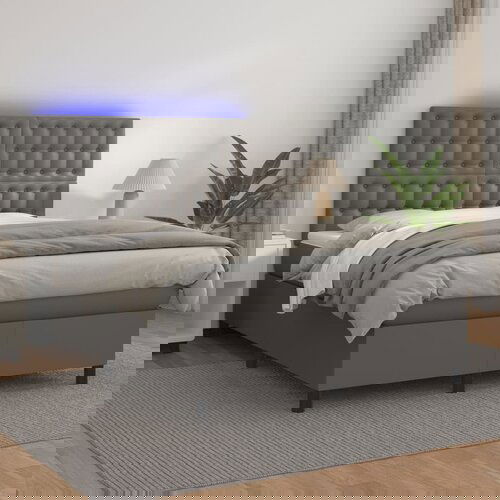 VidaXL Box spring postelja z vzmetnico LED siva 140x200cm umetno usnje Slike