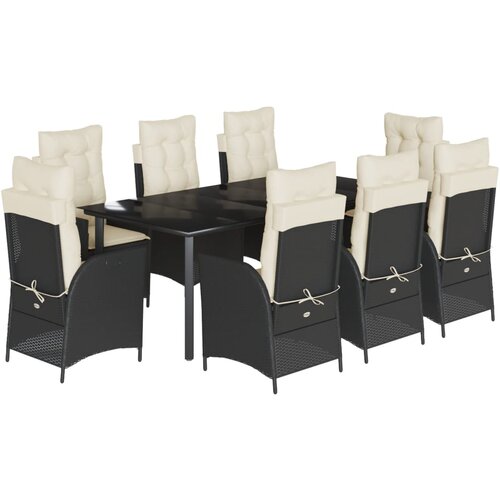  9-dijelni vrtni blagovaonski set s jastucima crni od poliratana Crna 200 x 100 x 74 cm Slike